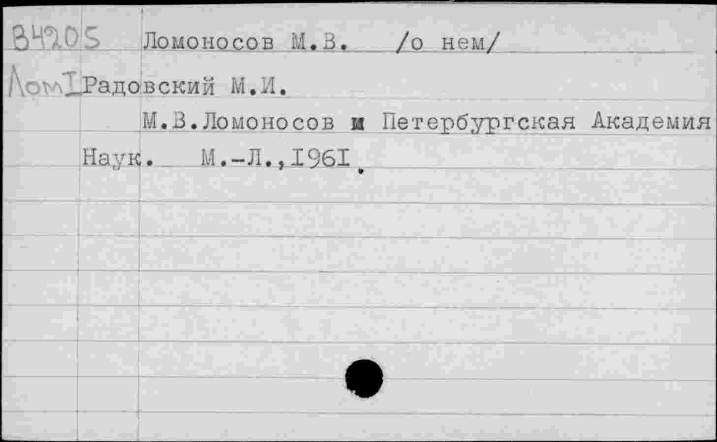 ﻿инок_	Ломоносов М,3» /о нем/
Докладе	вский М.И.
	М.В.Ломоносов и Петербургская Академия
Наук	М.-Л., 1961
	
	
	
	
	1	
	
	
	